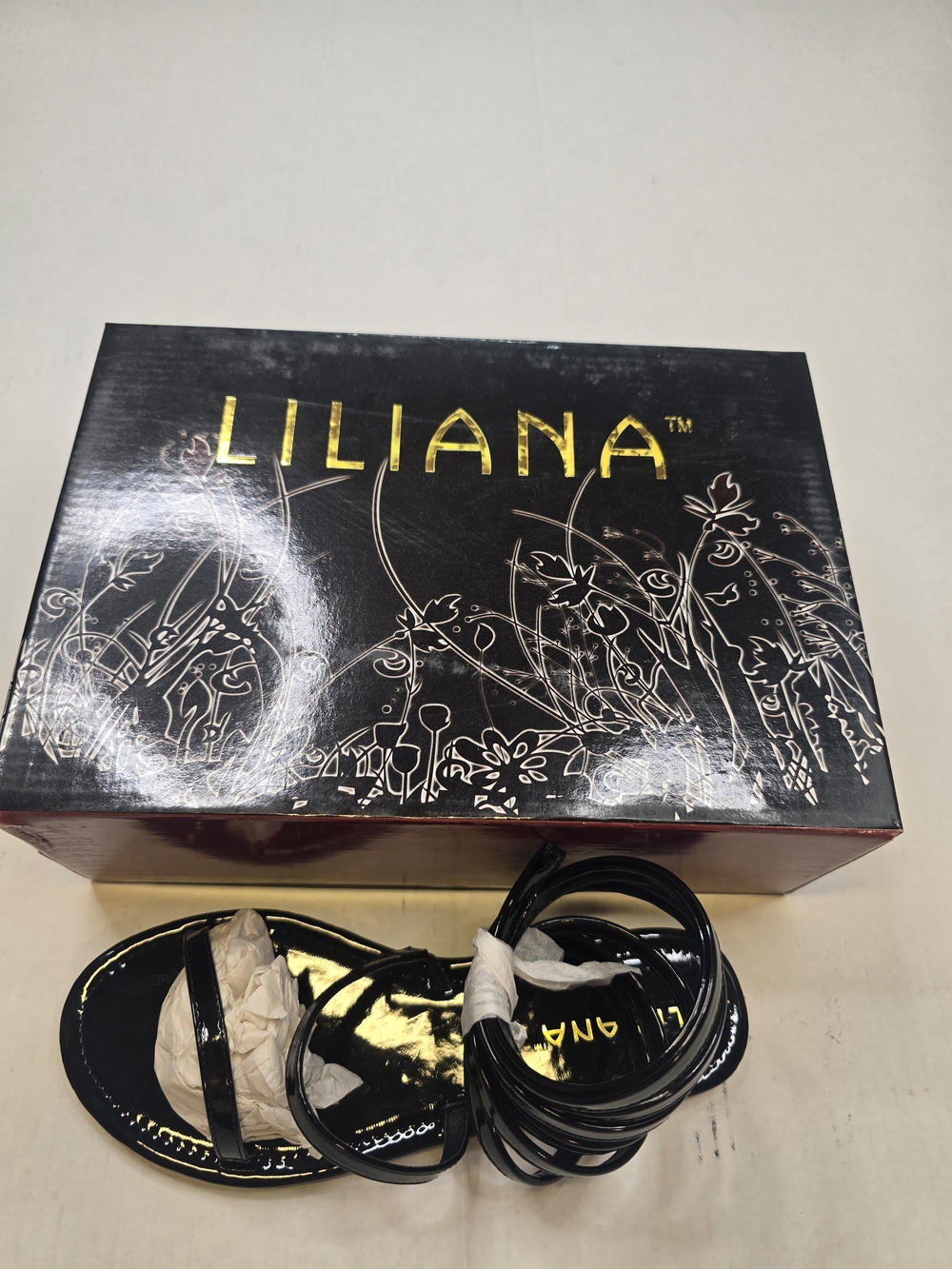 Liliana Black Patent Ankle-Wrap Sandals